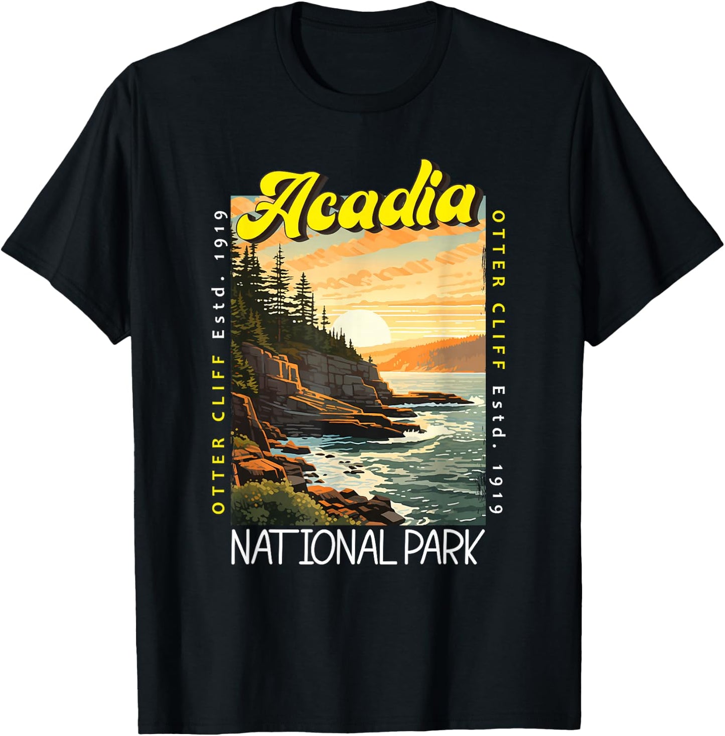 Acadia National Park Otter Cliff Maine Distressed Vintage T-Shirt - T-Shirt | Black
