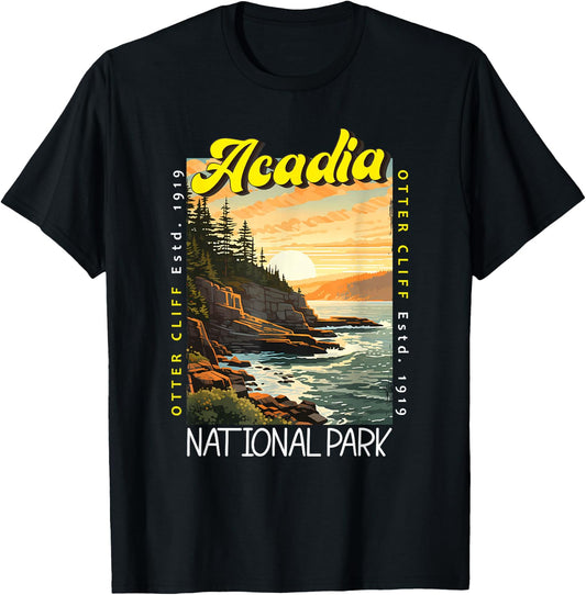 Acadia National Park Otter Cliff Maine Distressed Vintage T-Shirt - T-Shirt | Black