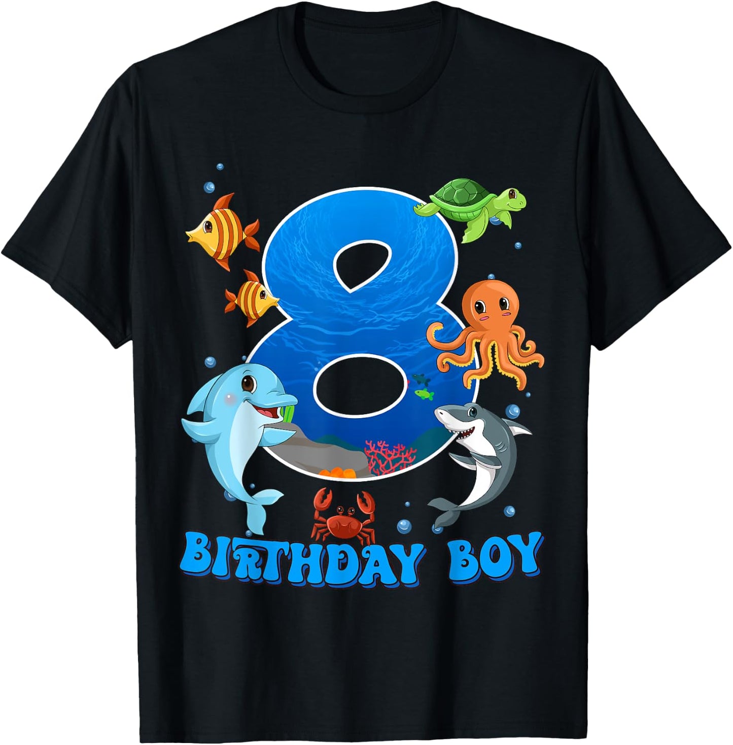 8th Birthday Party Ocean 8 Year Old Sea Fish Birthday Boy T-Shirt - T-Shirt | Black