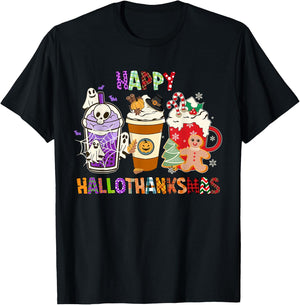 Happy HALLOTHANKSMAS Halloween Thanksgiving Christmas Coffee T-Shirt - T-Shirt | Black