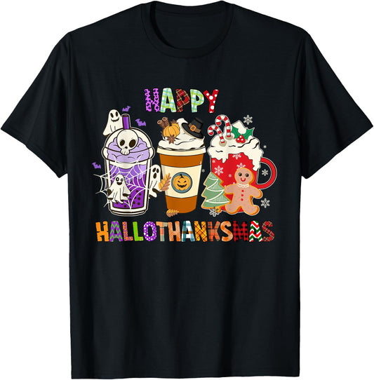 Happy HALLOTHANKSMAS Halloween Thanksgiving Christmas Coffee T-Shirt - T-Shirt | Black