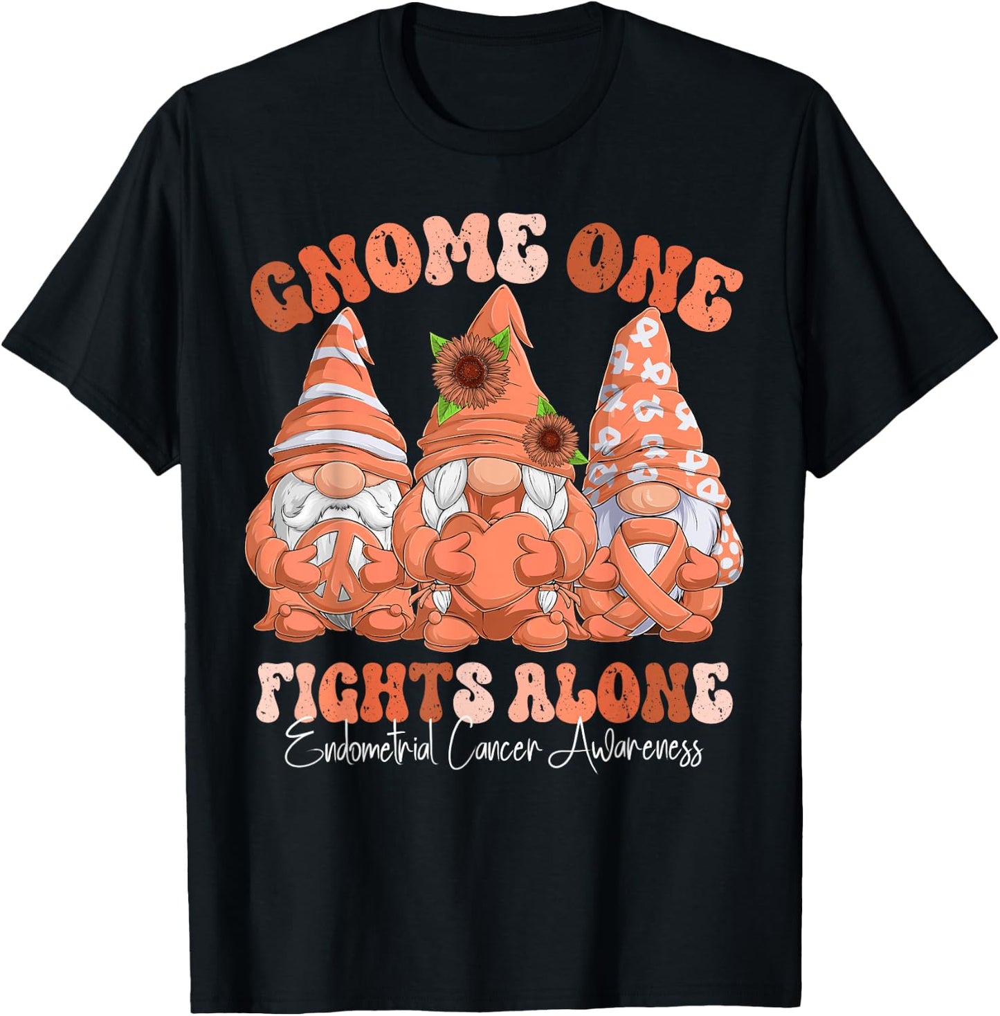Endometrial Cancer Awareness Month Peach Ribbon Gnomies T-Shirt - T-Shirt | Black
