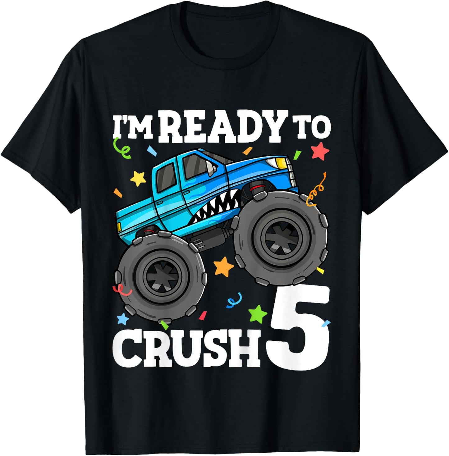 Kids Monster Truck Shark 5th Birthday Boy I'm Ready To Crush 5 T-Shirt - T-Shirt | Black