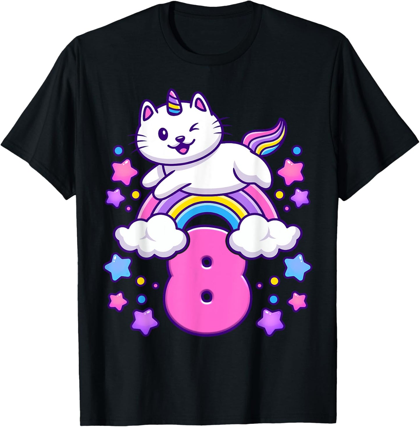 Birthday girl 8 years old, cat, unicorn, 8th birthday T-Shirt - T-Shirt | Black