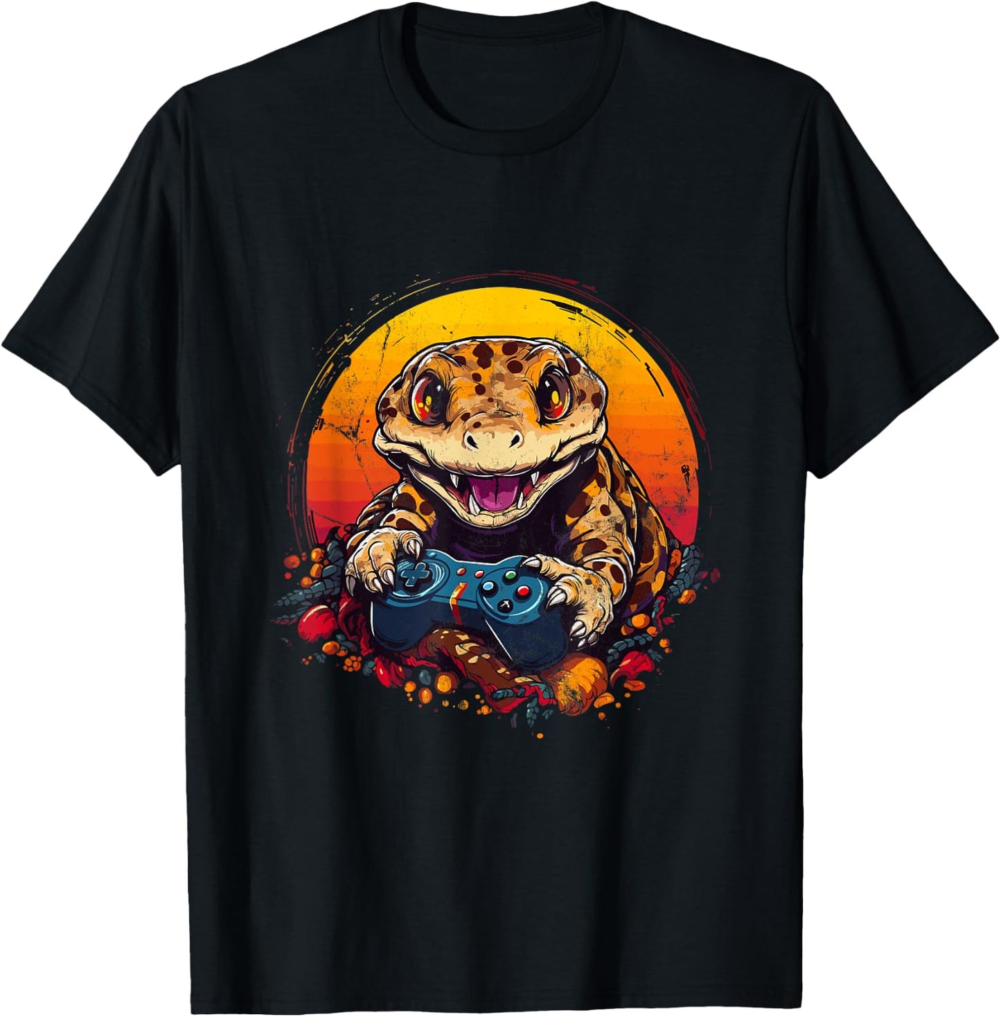 Leopard Gecko Playing Video Game Lizard & Reptiles Gamers T-Shirt - T-Shirt | Black