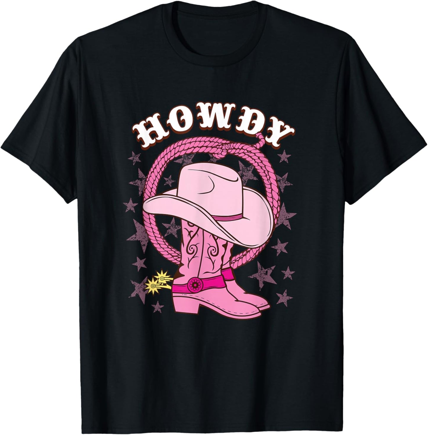 Howdy Pink Cowboy Hat Boots Country Western Rodeo T-Shirt - T-Shirt | Black