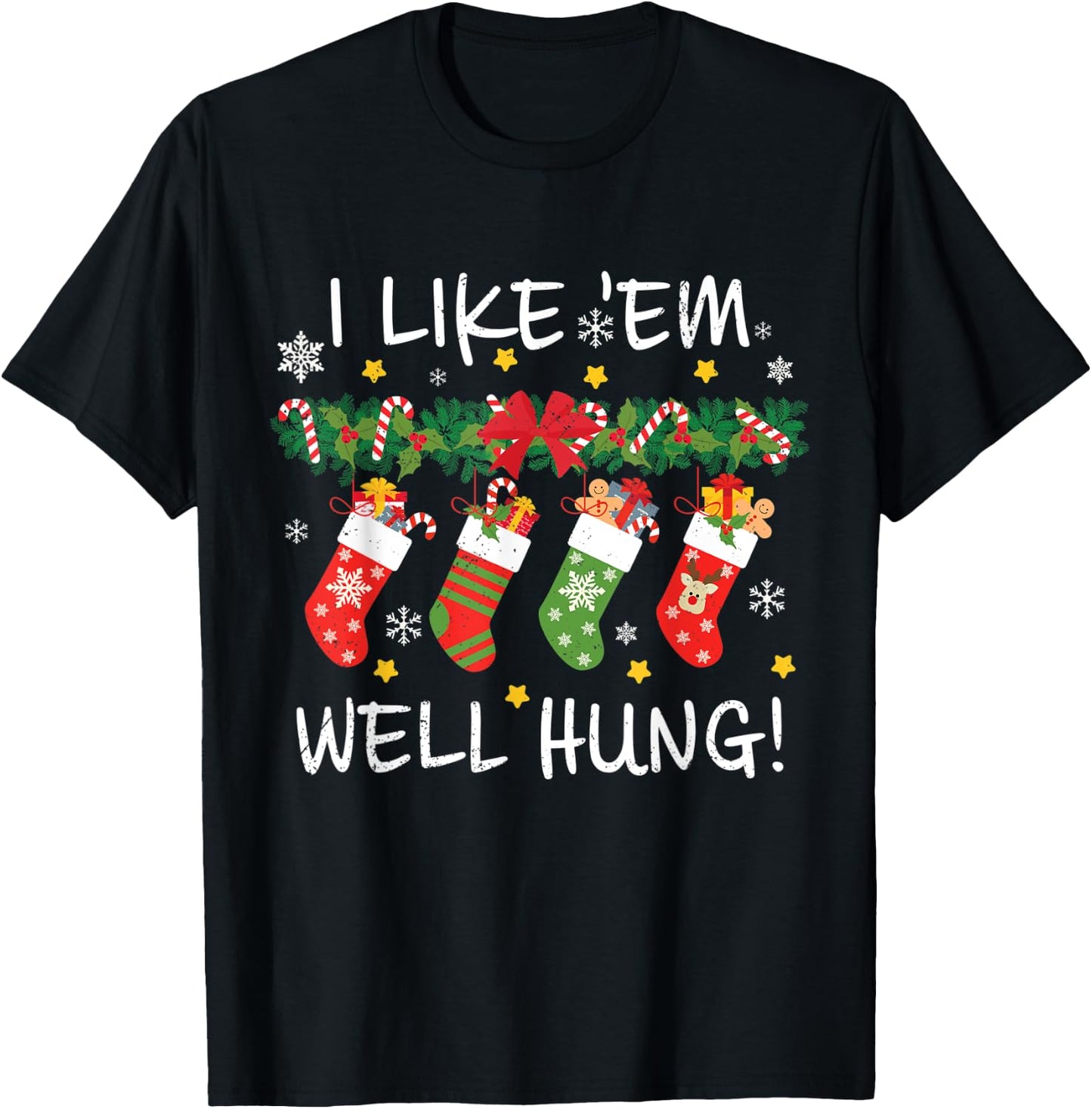 VIMP36 Christmas I Like 'Em Well-Hung Funny Christmas - Women's Adults Black Cotton 80% Polyester 20% Short Sleeve Classic Fit - Small T-Shirt - T-Shirt | Black