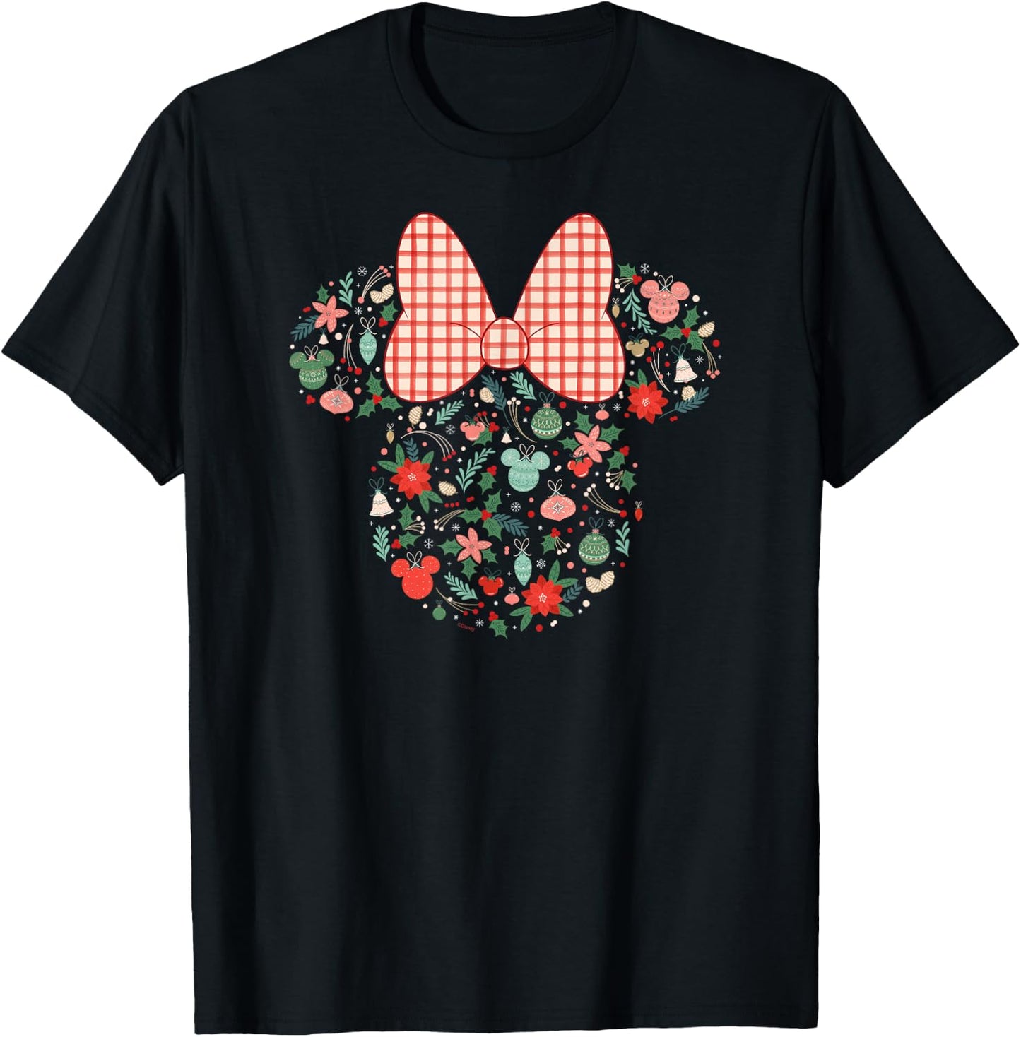 Disney Minnie Mouse Head Icon Christmas Ornaments & Holly T-Shirt - T-Shirt | Black