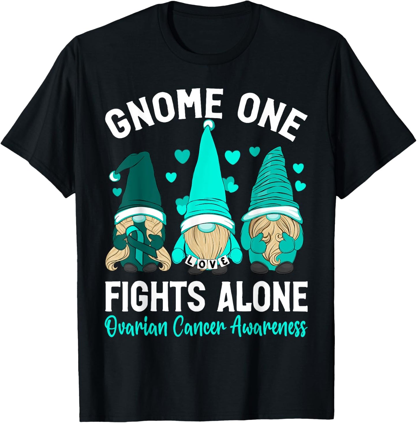 Gnome One Fights Alone Purple Teal Ovarian Awareness T-Shirt - T-Shirt | Black