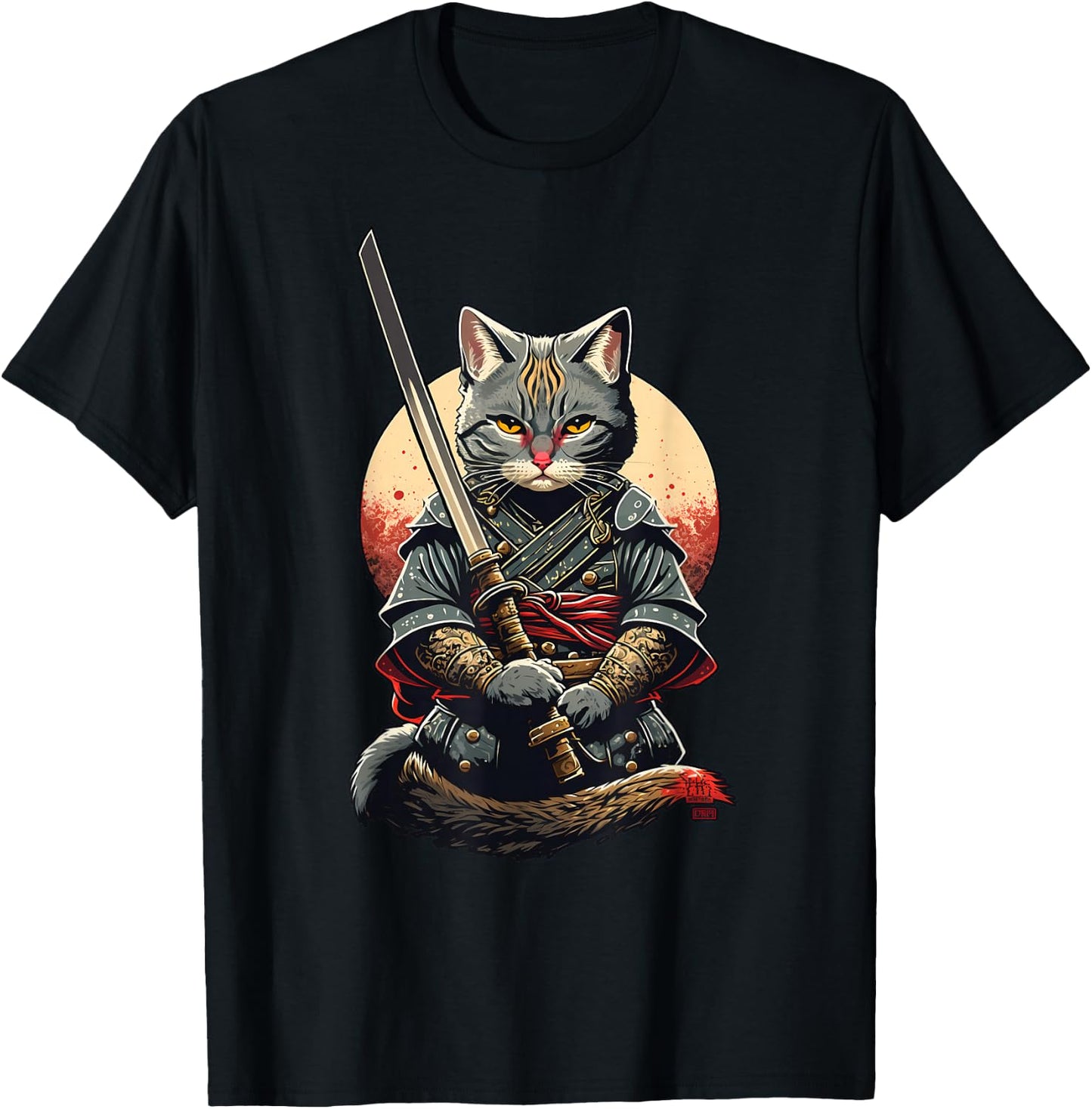 Retro Japanese Warrior Katana Ninja Cat, Samurai Kitten T-Shirt - T-Shirt | Black