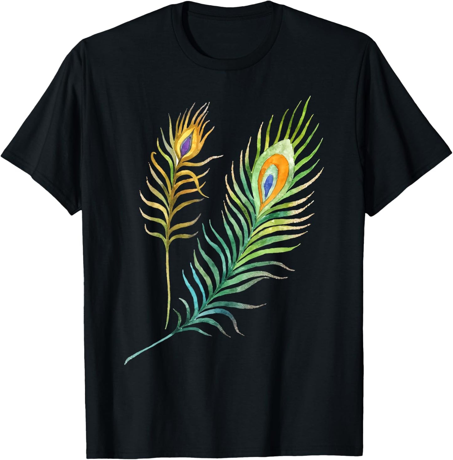Peacock Feathers Indian Peafowl Bird Lover Watercolor Funny T-Shirt - T-Shirt | Black