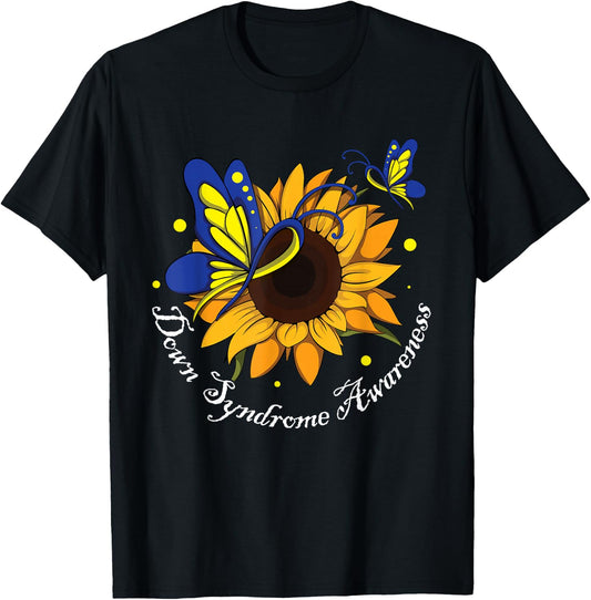 Butterfly Sunflower World Down Syndrome Awareness Day T-Shirt - T-Shirt | Black