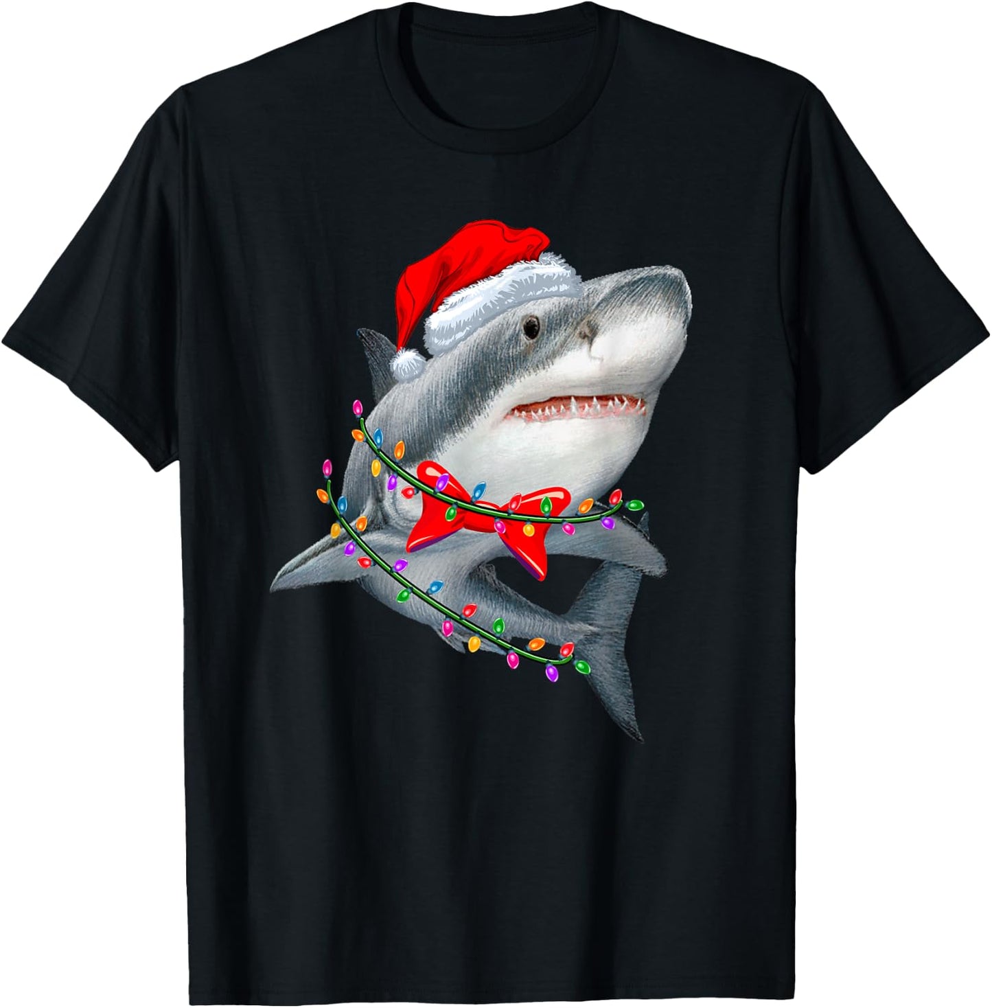 Christmas Lights Shark Wearing Xmas Hat - Cute Shark Lover T-Shirt - T-Shirt | Black
