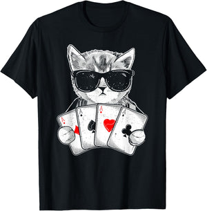 Cat Play Poker Gambling Casino Dealer Poker Player Gambler T-Shirt - T-Shirt | Black