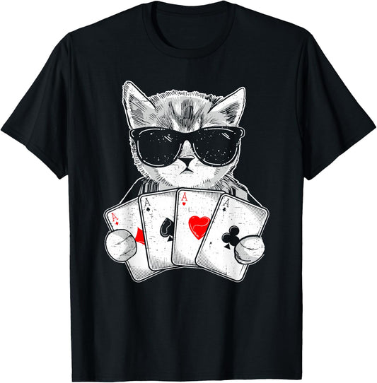 Cat Play Poker Gambling Casino Dealer Poker Player Gambler T-Shirt - T-Shirt | Black