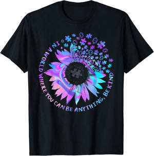 Be Kind Autism Awareness Kindness Sunflower Tie Dye Puzzle T-Shirt - T-Shirt | Black