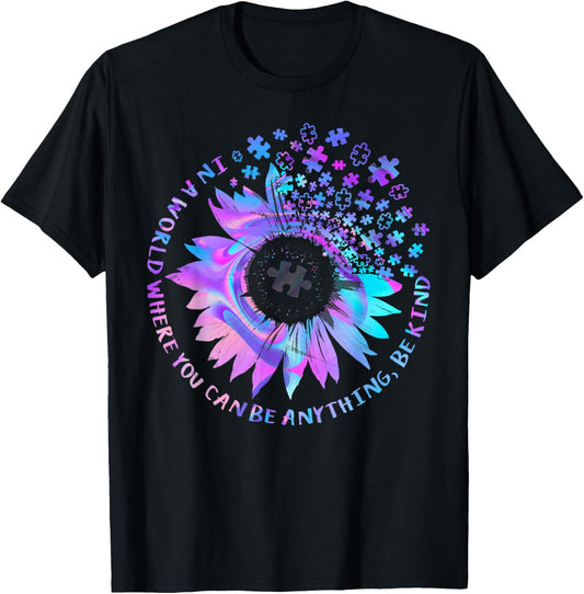 Be Kind Autism Awareness Kindness Sunflower Tie Dye Puzzle T-Shirt - T-Shirt | Black