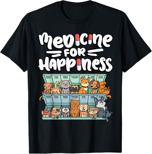 Medicine for Happiness Pill Box Animals Dog Breeds Puppies T-Shirt - T-Shirt | Black