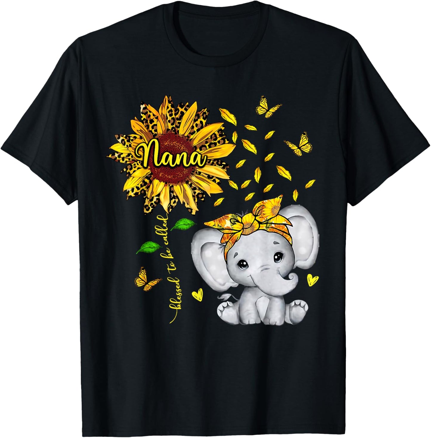 Blessed To Be Called Nana Elephant Sunflower T-Shirt - T-Shirt | Black
