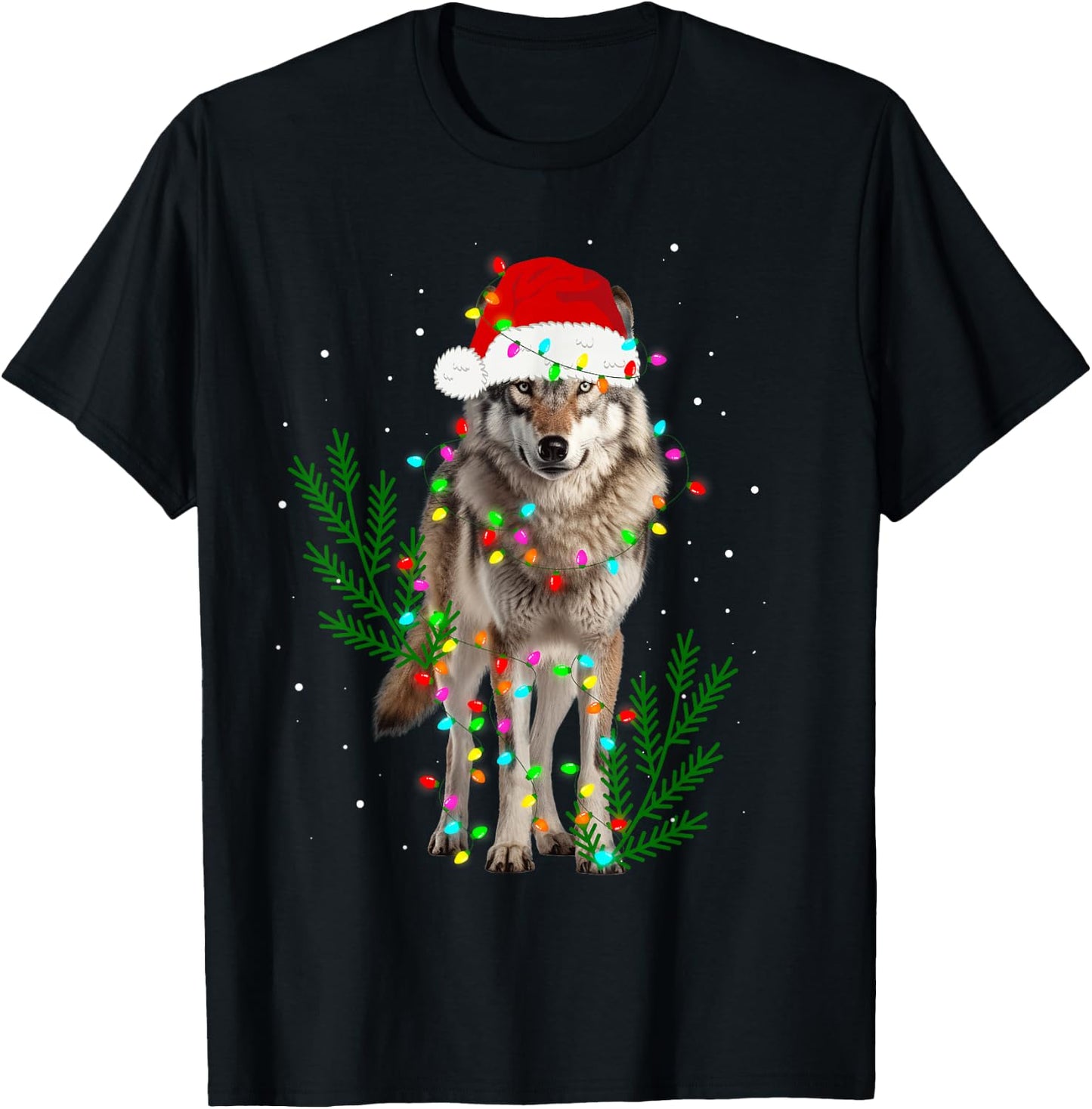 Wolf Santa Hat Christmas Lights Wolf Lover Animal Xmas T-Shirt - T-Shirt | Black