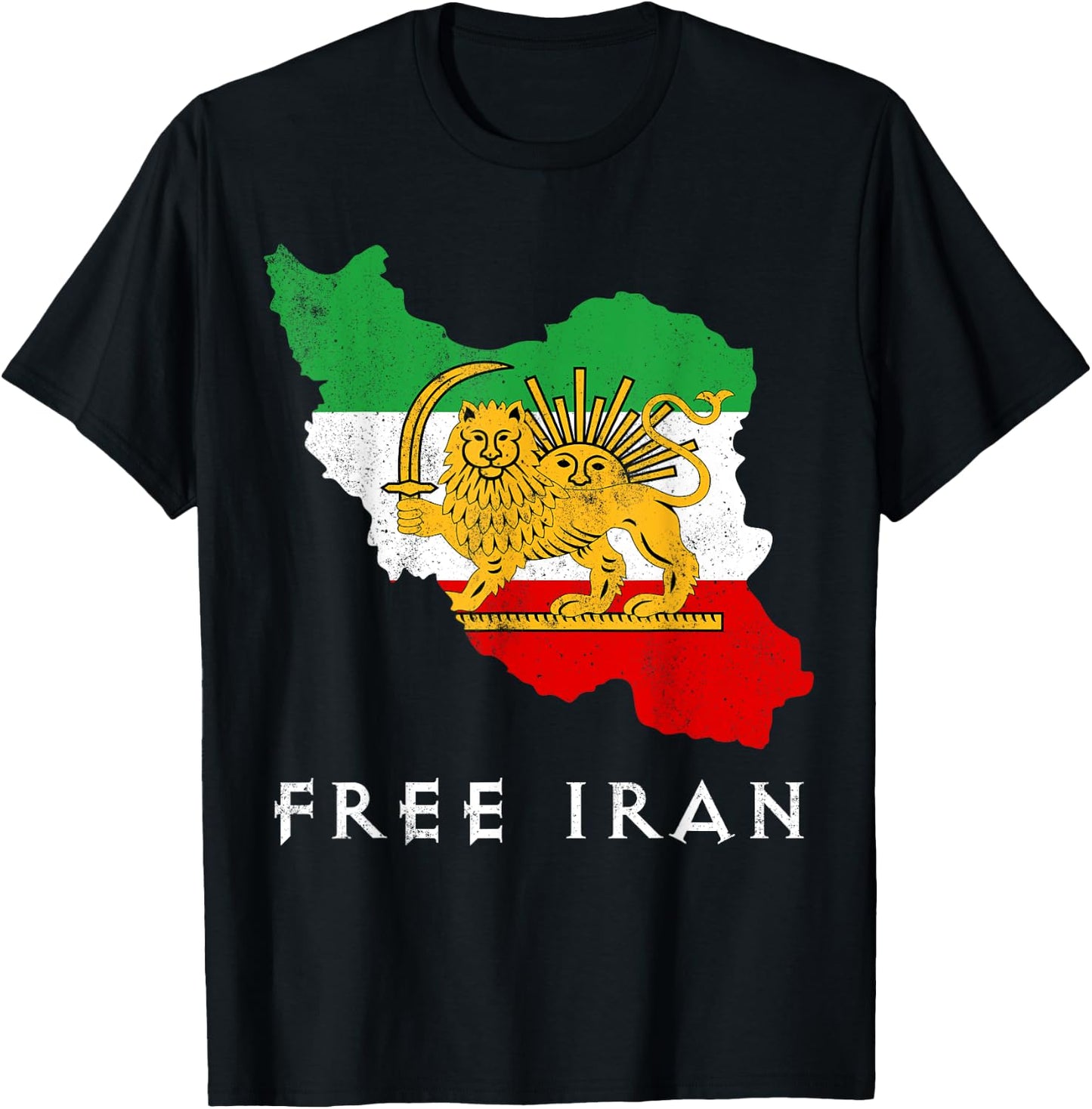 Iran Flag Map Lion Sun Sword Free Iran support women of Iran T-Shirt - T-Shirt | Black