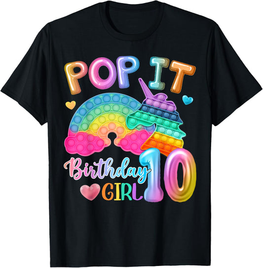 Kids Pop It Birthday Girl 10 for 10yr Old Girl Unicorn Party T-Shirt - T-Shirt | Black