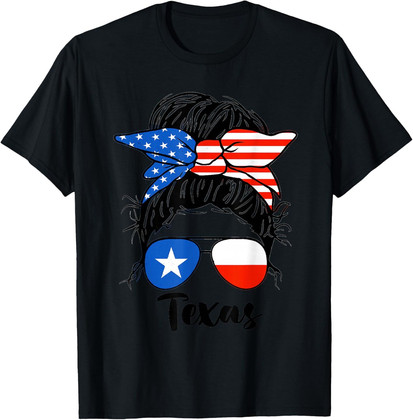 Texas State Flag Sunglasses Mom Messy Bun Hair Girl T-Shirt - T-Shirt | Black