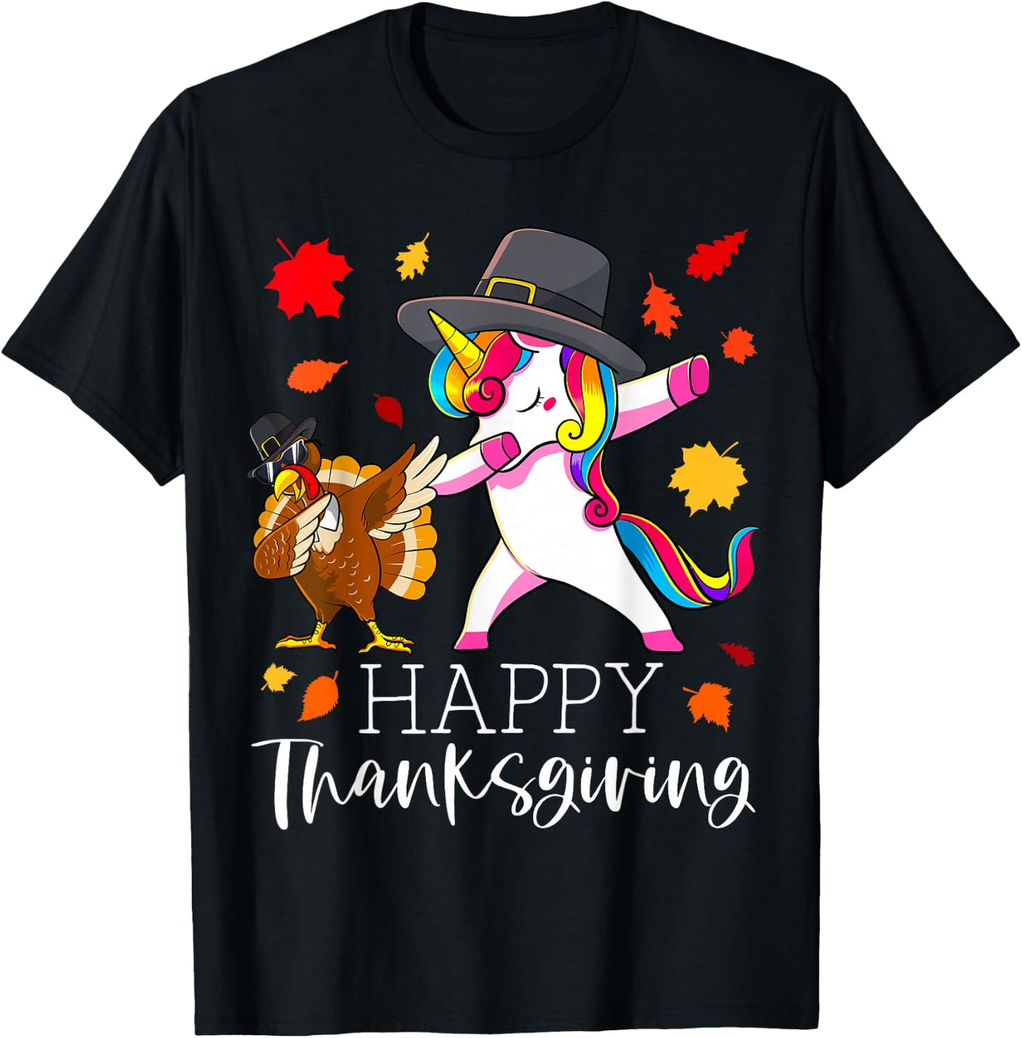 Thanksgiving Unicorn Girls Cute Dabbing Turkey Pilgrim Girl T-Shirt - T-Shirt | Black