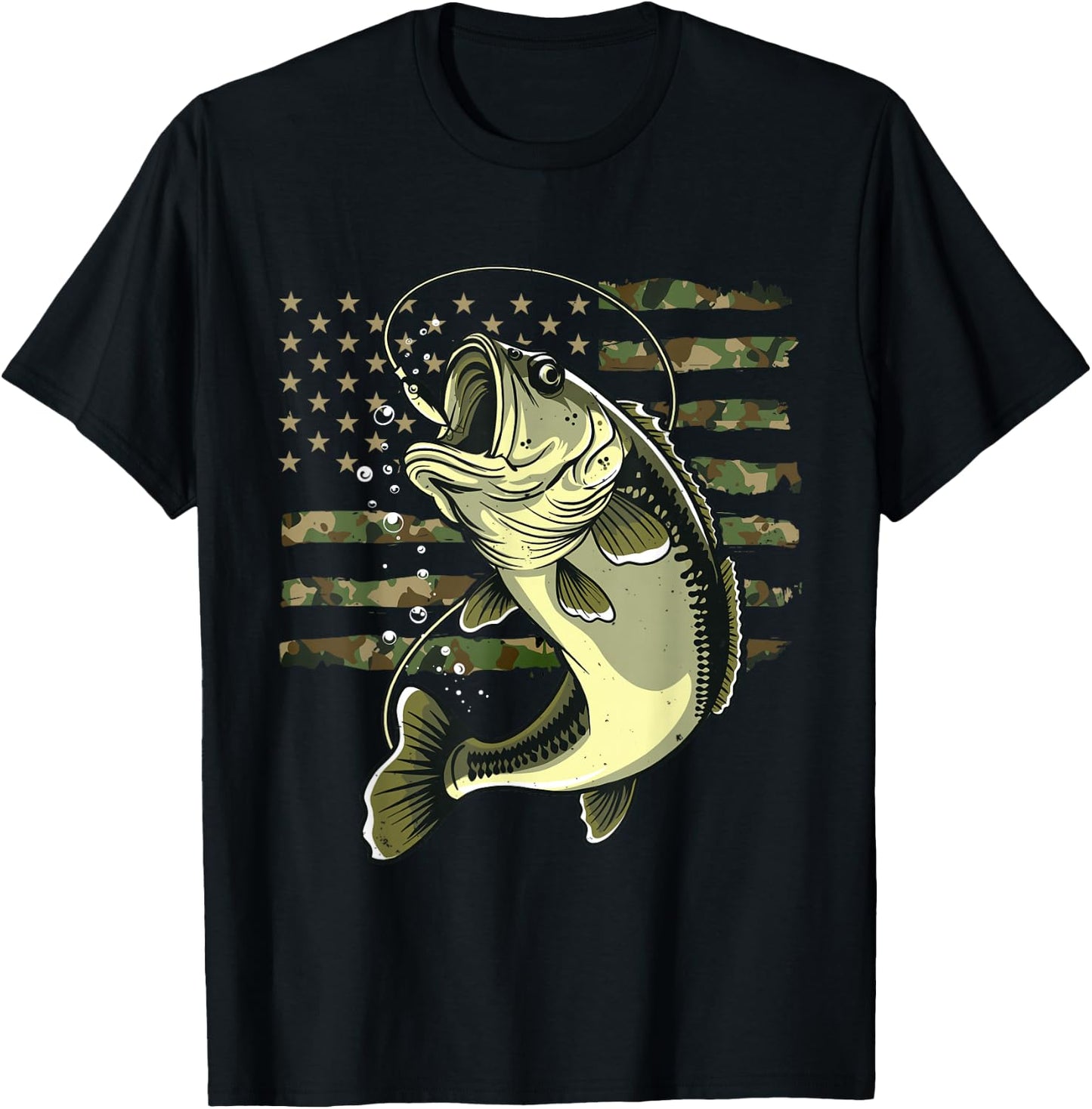 Bass Fish Fishing USA American Flag Camouflage Fisherman T-Shirt - T-Shirt | Black