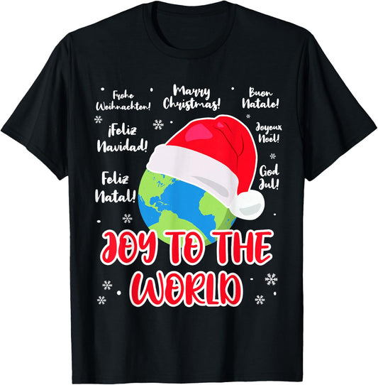 Merry Christmas language Joy to the World globe Cristmas T-Shirt - T-Shirt | Black