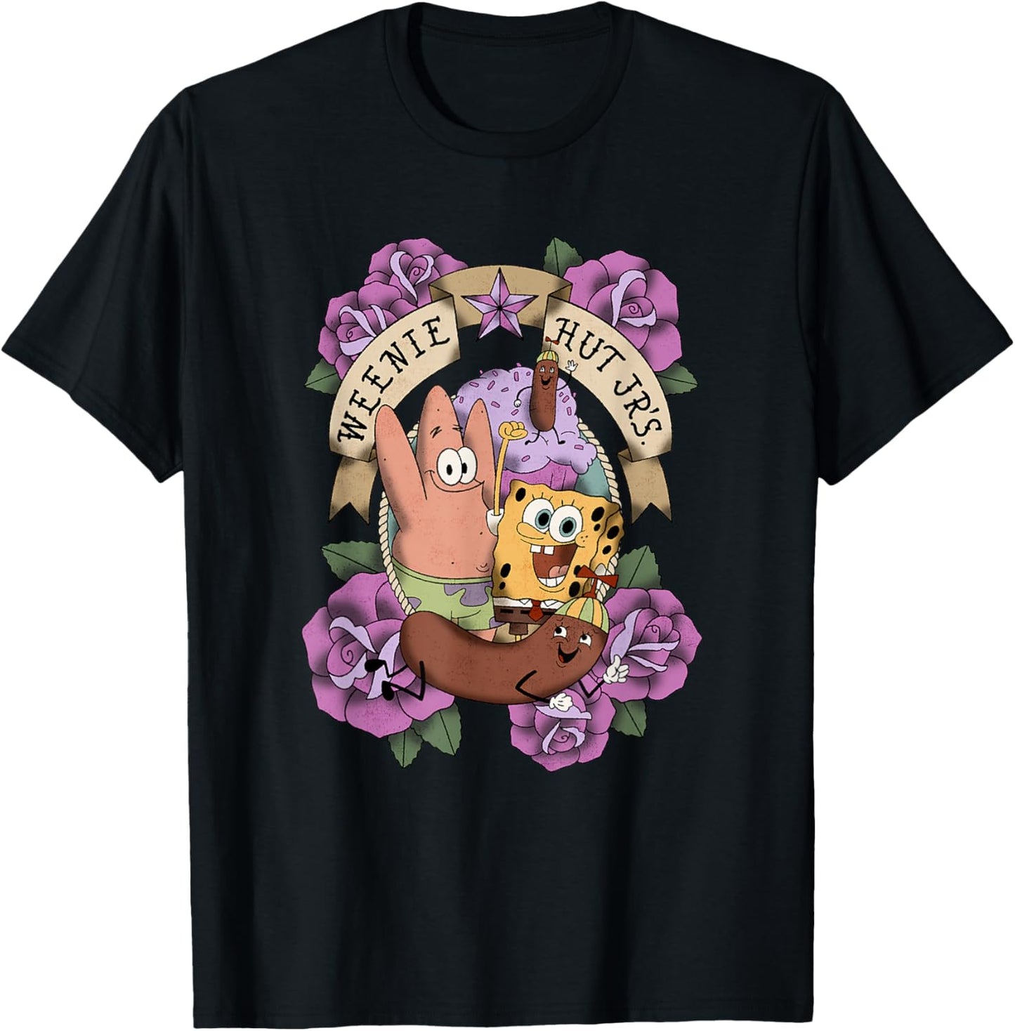 SpongeBob SquarePants Patrick Weenie Hut Jr's. Floral Logo T-Shirt - T-Shirt | Black