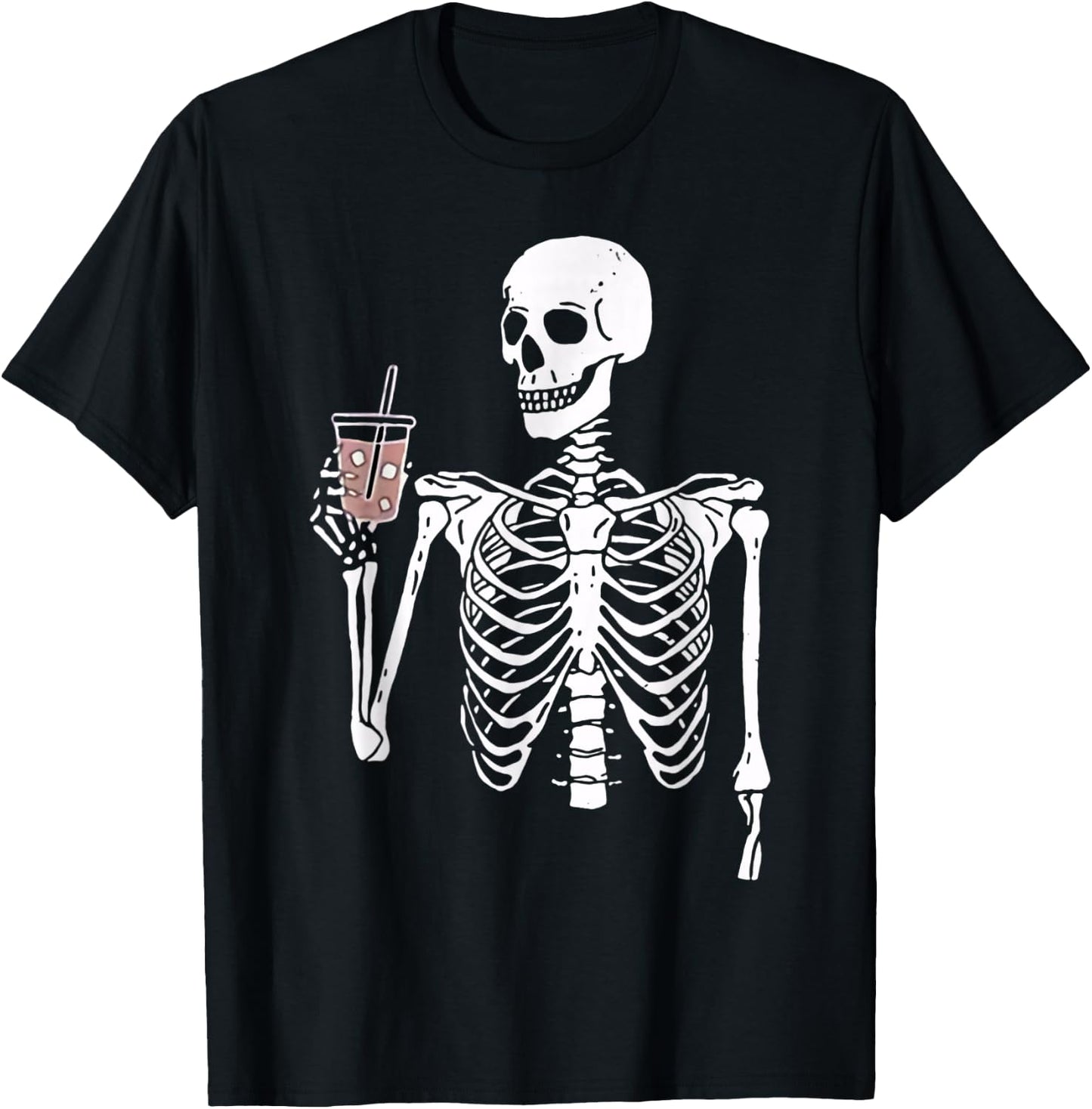 Iced Coffee Skeleton Drinking Funny Halloween Skull T-Shirt - T-Shirt | Black