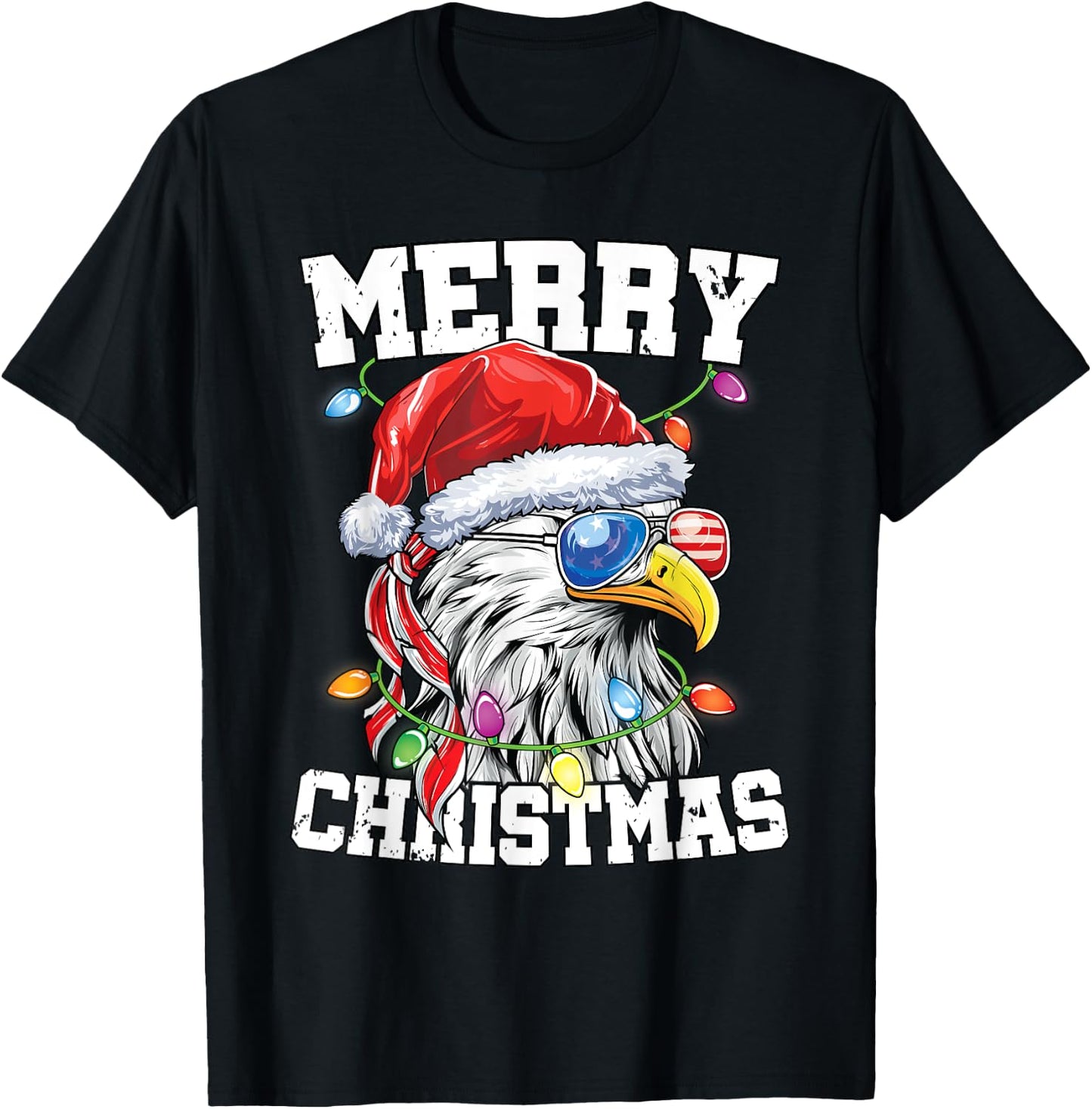 Merry Christmas Patriotic USA Patriotic Santa Bald Eagle T-Shirt - T-Shirt | Black