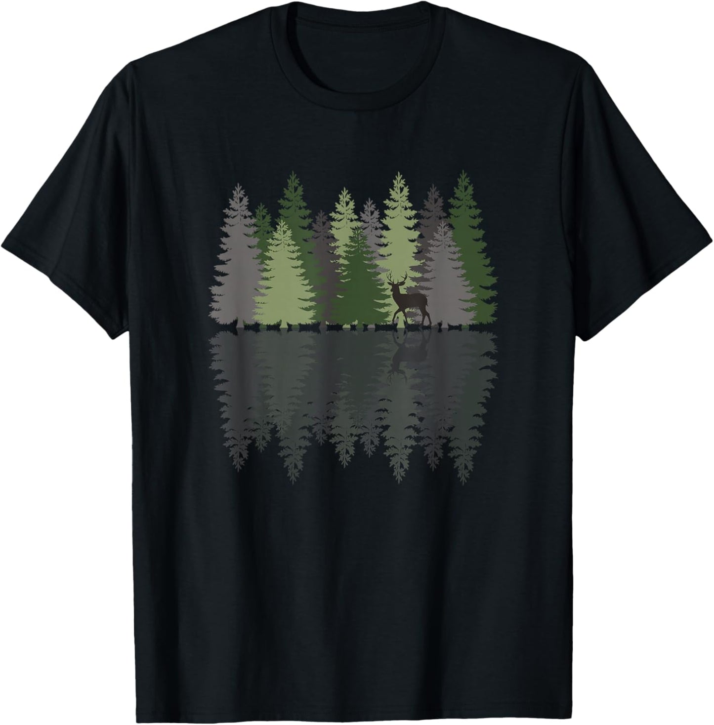 Forest Reflection Nature Trees Woods Deer Outdoor Camper T-Shirt - T-Shirt | Black