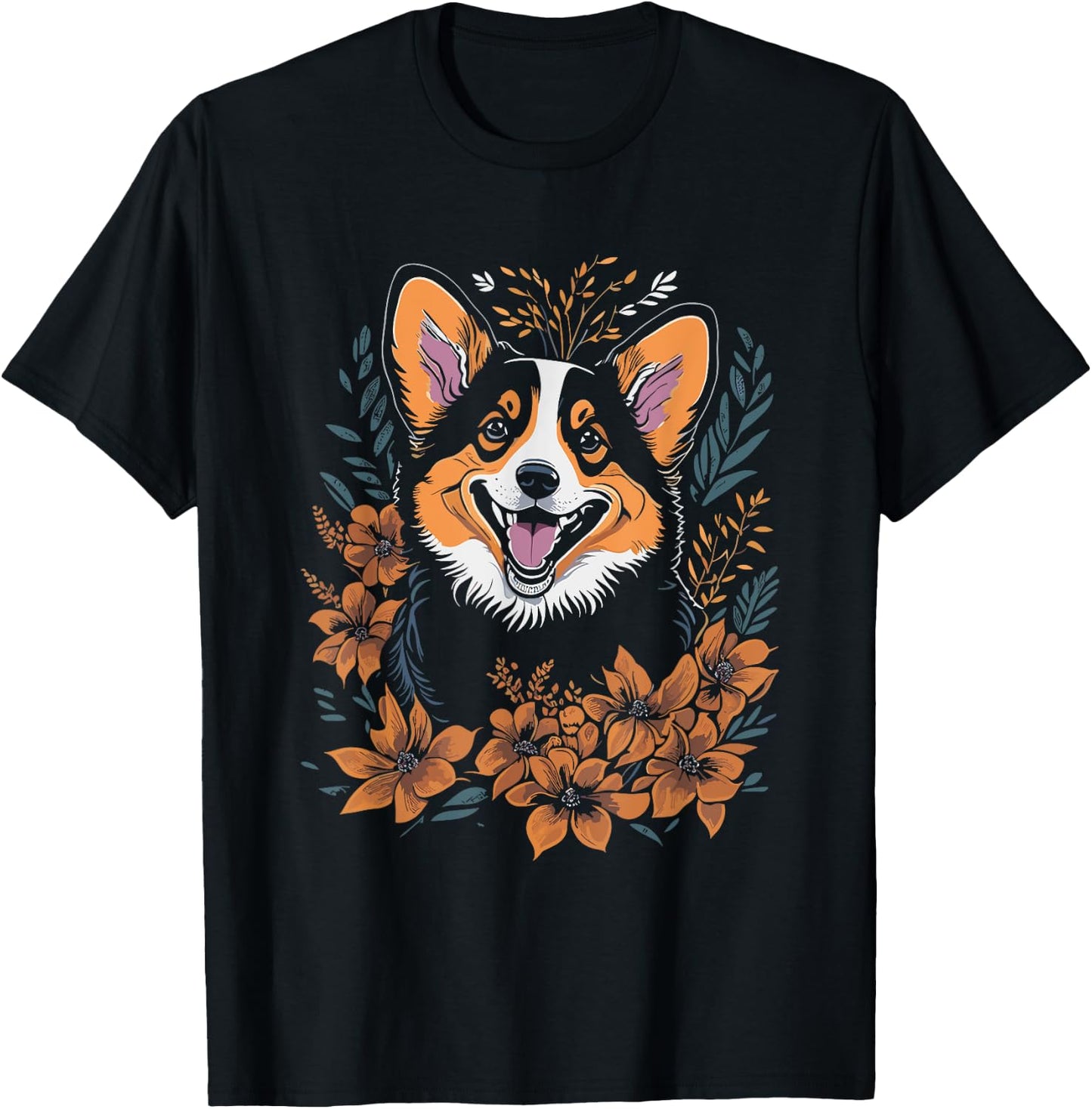 Corgi Flowers - Funny Floral Corgi Lover Dog Mom Dad Women Girls Kids T-Shirt - T-Shirt | Black
