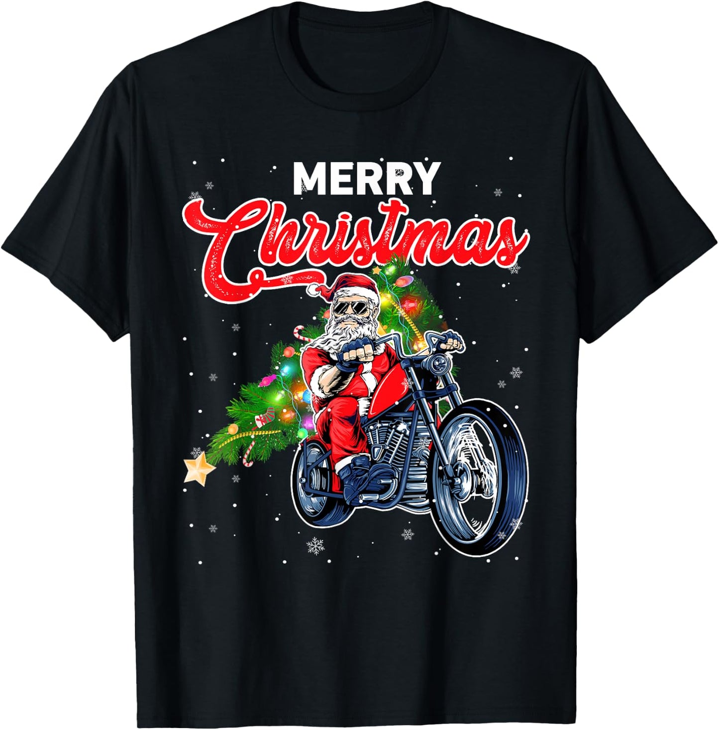 Funny Santa Claus With Motorcycle Xmas Tree Merry Christmas T-Shirt - T-Shirt | Black
