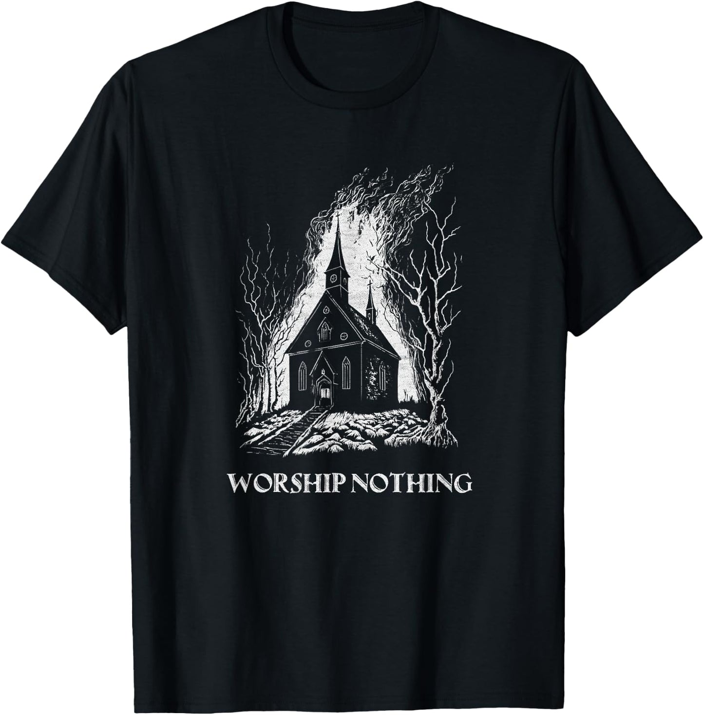 Burning Church Worship Nothing Atheist Satan Antichrist Goth T-Shirt - T-Shirt | Black