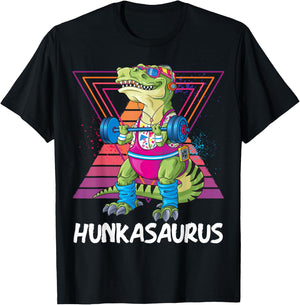 Hunkasaurus Retro Muscular Dinosaur T-Rex Gym Weightlift T-Shirt - T-Shirt | Black