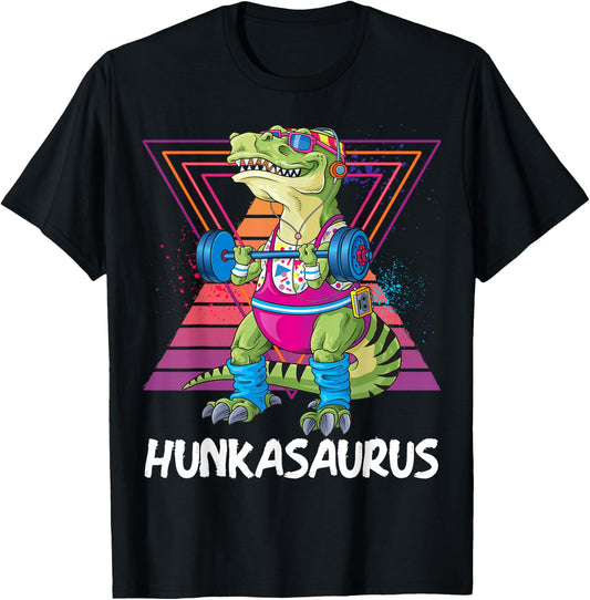 Hunkasaurus Retro Muscular Dinosaur T-Rex Gym Weightlift T-Shirt - T-Shirt | Black