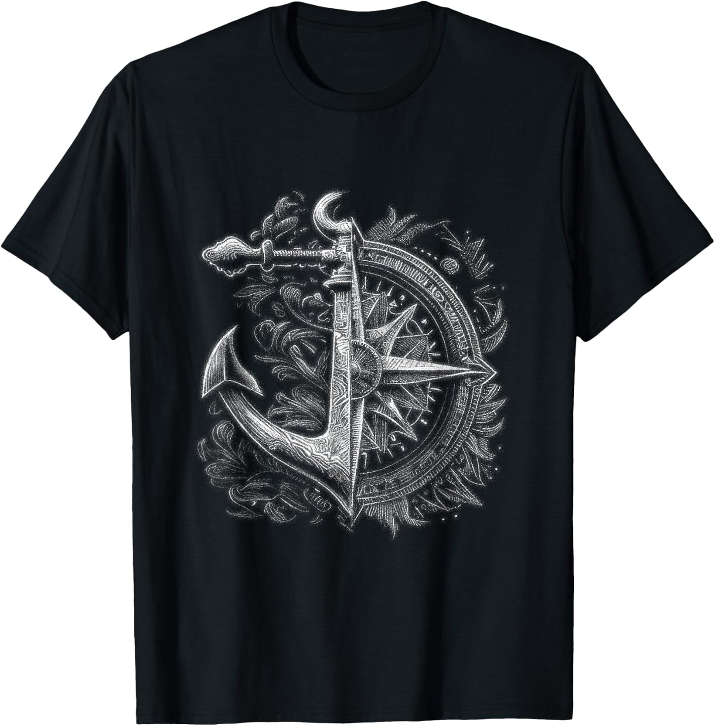 Compass Drawing - Realistic Anchor Sailing Nautical T-Shirt - T-Shirt | Black