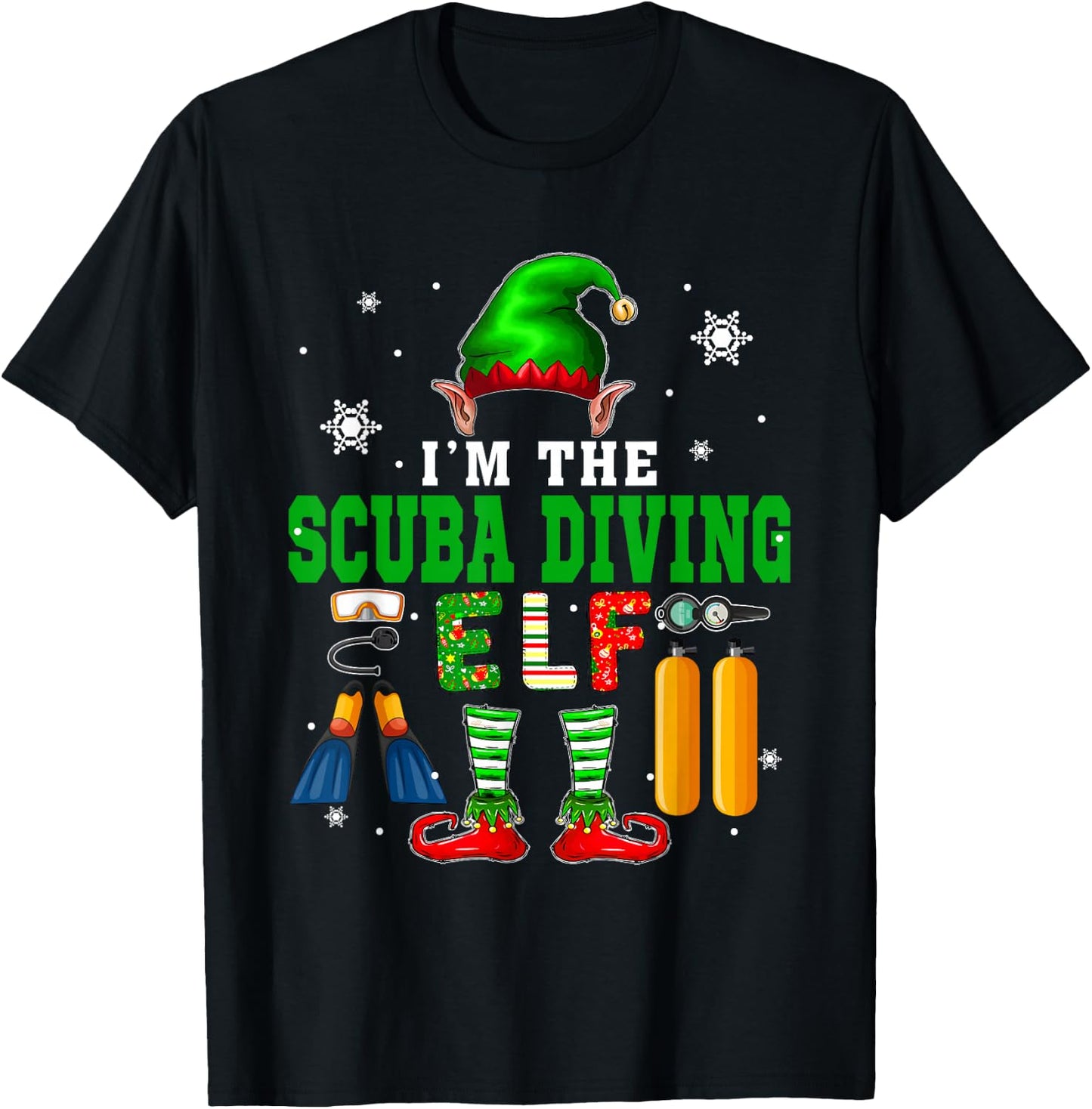 I'm The Scuba Diving Elf Christmas Elf Shoes Hat Costume T-Shirt - T-Shirt | Black