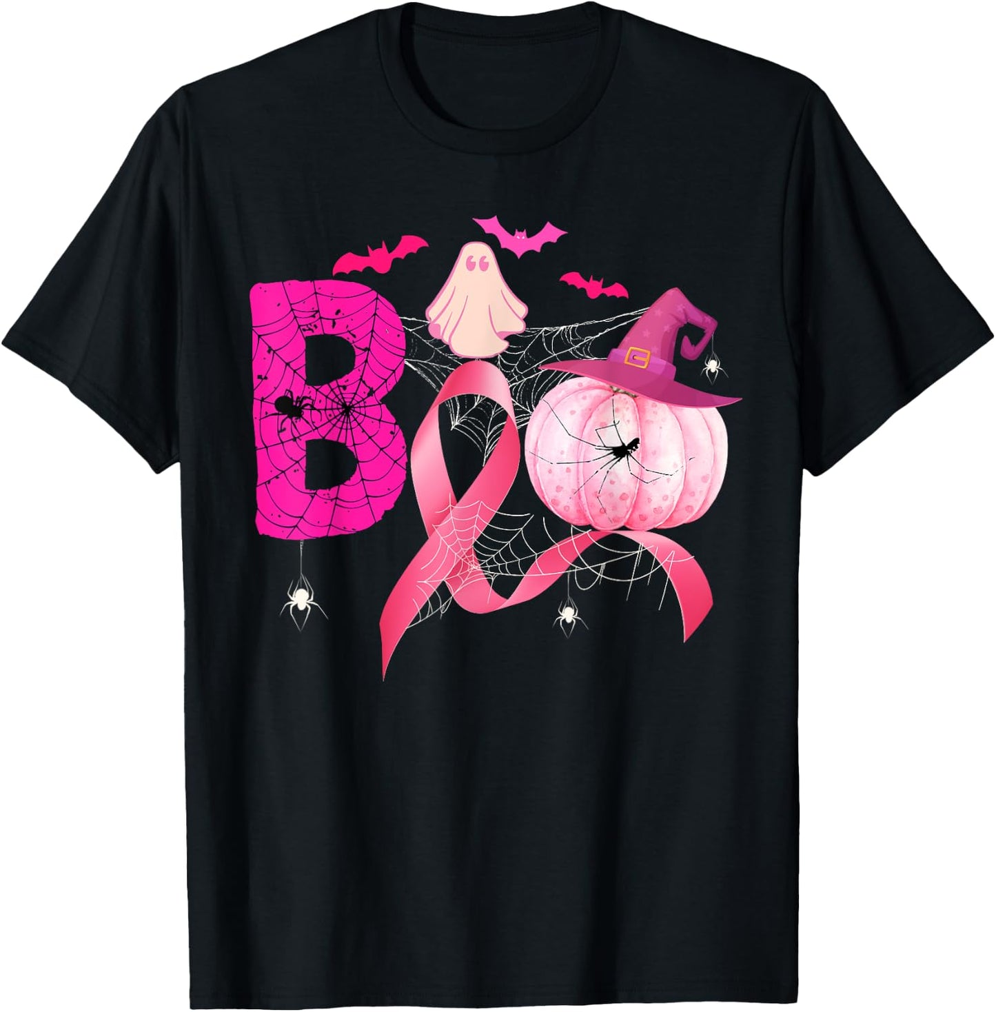 Funny Boo Pumpkin Witch Pink Ribbon Breast Cancer Halloween T-Shirt - T-Shirt | Black