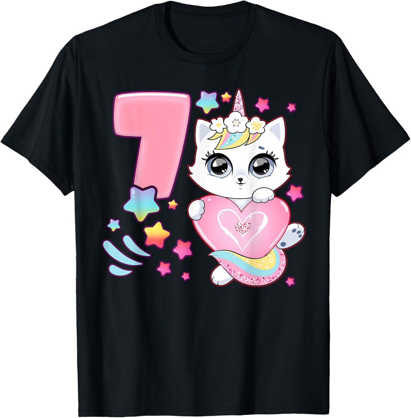 Birthday girl 7 years old, cat, unicorn, 7th birthday T-Shirt - T-Shirt | Black