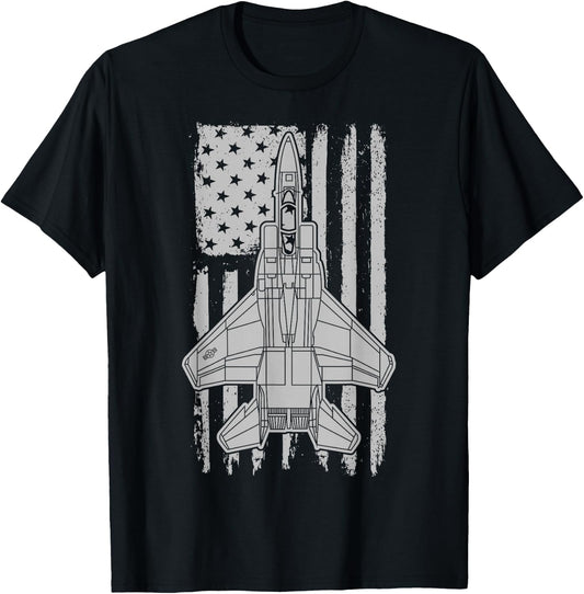 F-15 Eagle Fighter Jet Airplane American Flag F15 T-Shirt - T-Shirt | Black