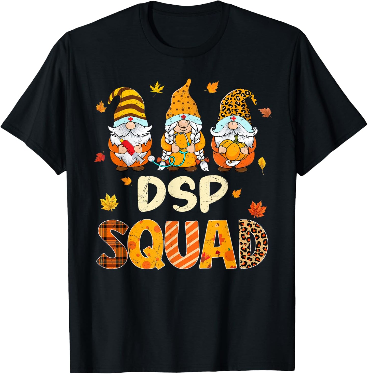 DSP Squad Gnome Nurse Leopard Thanksgiving Fall Stethoscope T-Shirt - T-Shirt | Black