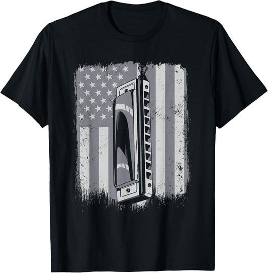 Harmonica American Flag Harmonicist Mouth Harp Harmonica Kids Men T-Shirt - T-Shirt | Black