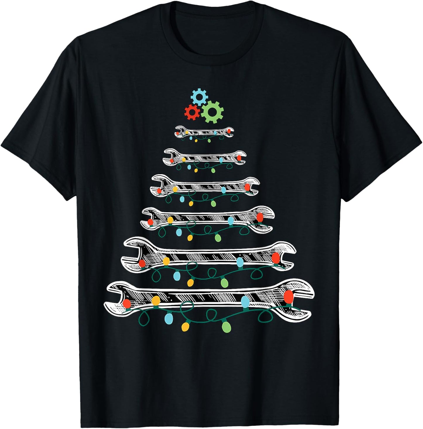 Wrench Christmas Tree Lights Mechanic Xmas Pajama T-Shirt - T-Shirt | Black