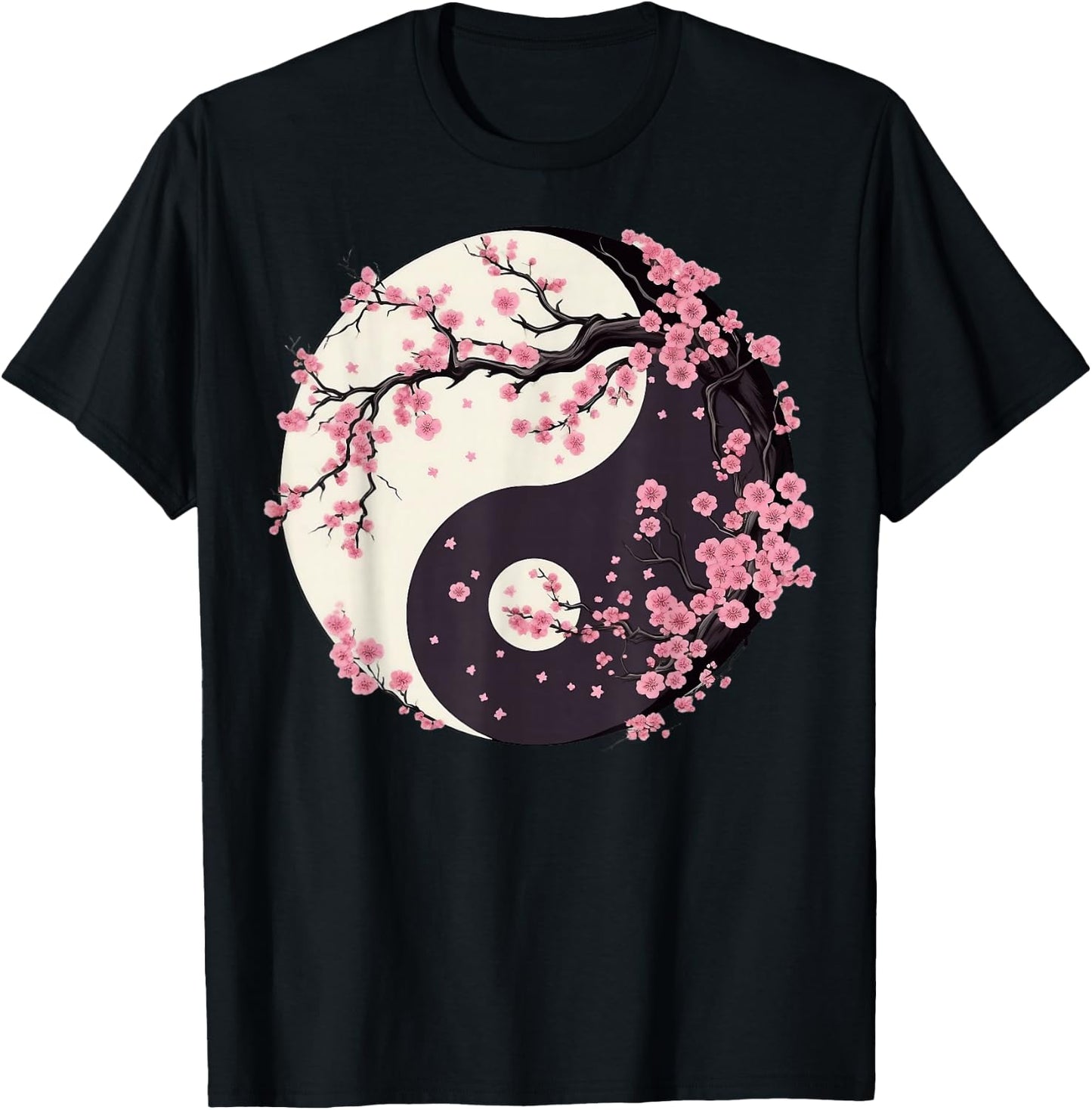 Cherry Blossom Yin Yang Tree of Life Moon Sun Duality T-Shirt - T-Shirt | Black