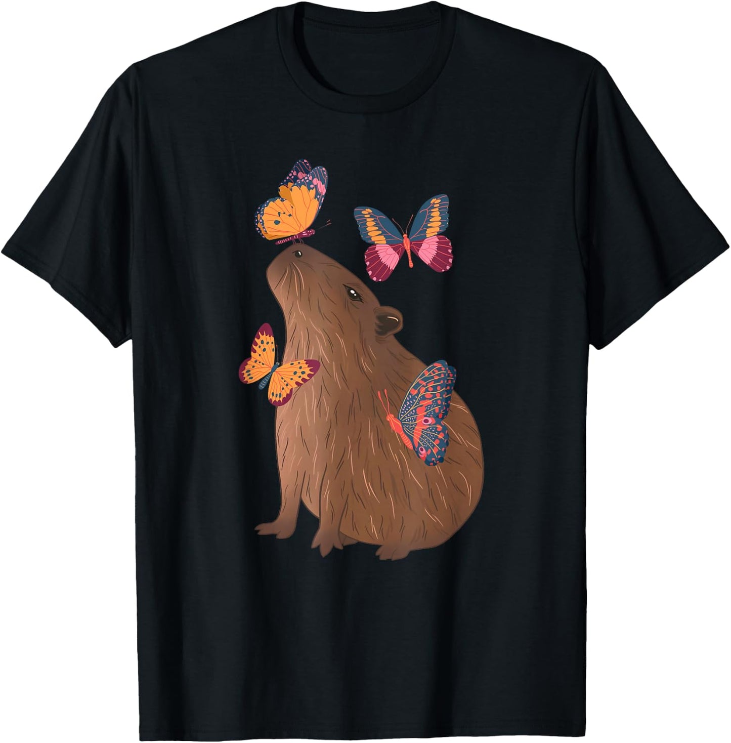 Funny Capybara With Butterfly Cute Rodent Animal Lover Gifts T-Shirt - T-Shirt | Black