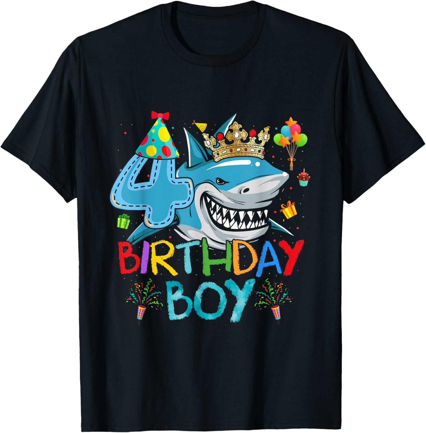 4th Birthday Shark Ocean Theme Party 4 Years Old For Boy T-Shirt - T-Shirt | Black